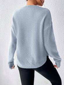 EMERY ROSE 女式休闲宽松落肩圆领长袖纯色毛衣，秋季 - 淺藍色 - 查看 2