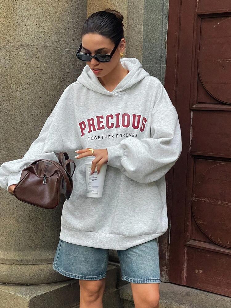 Women's Loose Letter Print Hooded Street Style Fleece Sweatshirt,Winter Hoodies