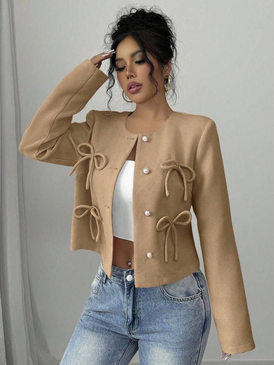 Elenzga Women's Round Neck Front Button Casual Fashion Contrast Color Bow Jacket - Khaki - View 1