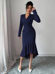 Elenzga 新款女士节日中长连衣裙，西装领长袖不对称鱼尾下摆收腰连衣裙，适合日常穿着、约会、聚会、郊游 - 寶藍色 - 查看 3