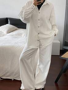 Livesso 女士宽松白色上衣和休闲牛仔裤套装 - 白色 - 查看 6