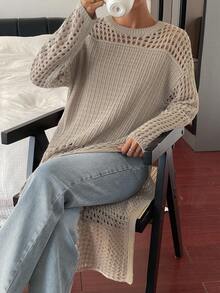 DAZY French Style Hollow Out Midi Dress, Layered Coverup Dress For Vacation Sweater Dress - Apricot - View 8