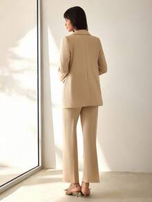 CLARA VERO Women Solid Color Button Front Detailed Jacket And Pants Suit Sets - Beige - View 2