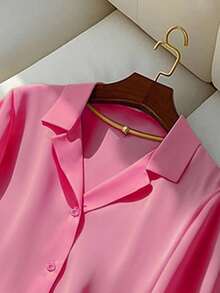 Franclia Versatile Solid Color Turndown Collar Short Sleeve Blouse For Women, Casual Summer Pink Hot Pink - Hot Pink - View 6