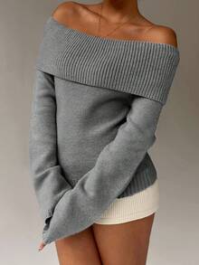 FavEase Women's Casual Solid Color Foldover Off Shoulder Pullover Sweater, Autumn - Grey - View 6