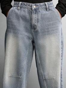 SUMWON 桶形宽松工装牛仔裤，休闲直筒工装裤，经典时尚实用裤，适合工作、休闲、户外街头风格，纯色 - 中等水洗藍 - 查看 6