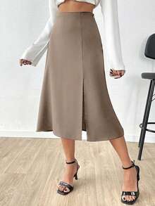 SHEIN Cottnline Women Solid Color Midi Skirt With Slit - Beige - View 3