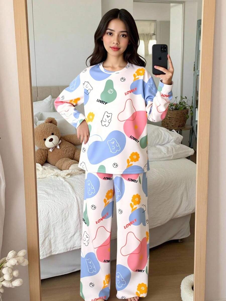 SHEIN 青少年女孩休闲舒适家居字母、卡通熊、花卉、简约线条印花长袖圆领宽松 T 恤和裤子睡衣套装、针织印花服装
