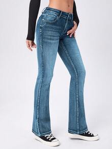 SHEIN Cottnline سراويل جينز نسائية ذات خصر منخفض وجرس واسع مع جيوب للاستخدام اليومي - ازرق ضبابي - مشاهدة 5