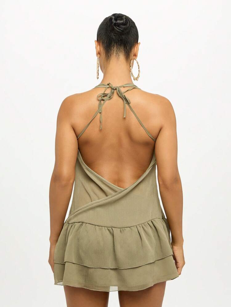 SUMWON WOMEN シフォンミニドレス 装飾ボタン ホルターネック フリルヘム ティアードスカート バックレス イブニングパーティー クラブ 夏 Aラインドレス