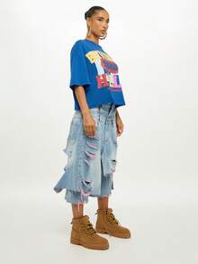SUMWON WOMEN Áo thun oversized in họa tiết Beverly Hills Los Angeles County phong cách đường phố cổ điển 90210, dáng rộng, thoải mái, thời trang mùa hè, dáng suông, tuyên bố thời trang - Màu xanh hải quân - Xem 7