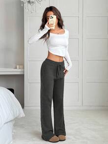 EURMUSE Women's Solid Color Casual Lace-Up Chunky Knit Sweater And Wide Leg Pants Set - Dark Grey - View 5