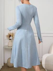 Modelyn Elegant Fashionable Square Neck Ruffle Hem Suede Baby Blue Women's Mid-Length Dress - Blue - View 6