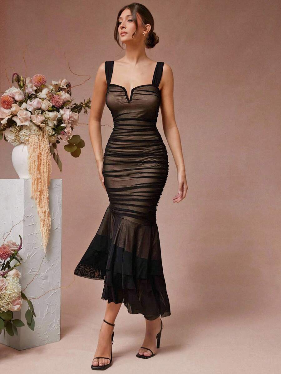 L'Amorae Women Ruched Asymmetric Ruffle Hem Sleeveless Dress