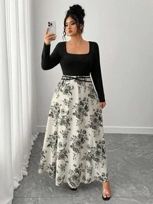 SHEIN Elenzya 大码女装新款优雅浪漫方领连衣裙，复古优雅，下半身水墨印花拼接，女装优雅修身方领长袖腰带拼接中国风印花长裙