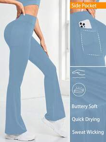 Easithlete Damen einfarbige Yoga-Hosen mit hoher Taille, Seitentaschen und weitem Bein - Blau - Übersicht 2