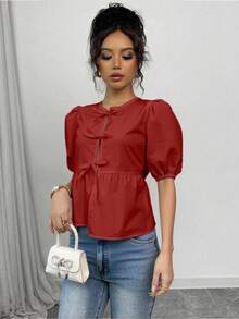 Chiquease Women's Solid Color Bow Decor Short Puff Sleeve Ruffle Hem Blouse - Burgundy - View 4