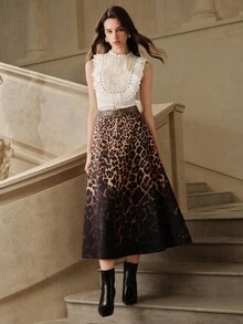 Anewsta Savoree Elegant Fashion Heavy Beaded & Rhinestone Floral Decor Stand Collar Lace Trim Double Layer Hollow Ruffle Hem Sleeveless Apricot Blouse For Women