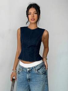 Aloruh Women's Dark Wash Denim Sleeveless Round Neck Backless Tie-Back Crop Top