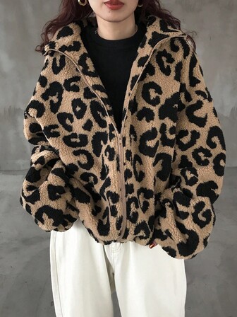 FRIFUL Damen Leoparden-Muster Locker Sitzende Lässig Pullover Jacke mit Stehkragen, Dropped Shoulder, Elastischer Saum, Vielseitig für Flughafen Reisen, Herbst Damenmäntel