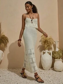 Bóhologie White Crochet Knit Maxi Dress With Off-Shoulder Layer And Spaghetti Straps Women Summer Clothing  Suitable For Everyday, Out Of The Street, Holiday And Other Occasions To Wear - Beige - View 7