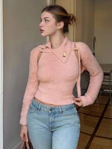 DAZY Conjunto feminino de malha com gola assimétrica, botão de metal e decoração de borboleta, rosa, colete e cardigan, casual e chique, outono/inverno - Rosa - Ver 11