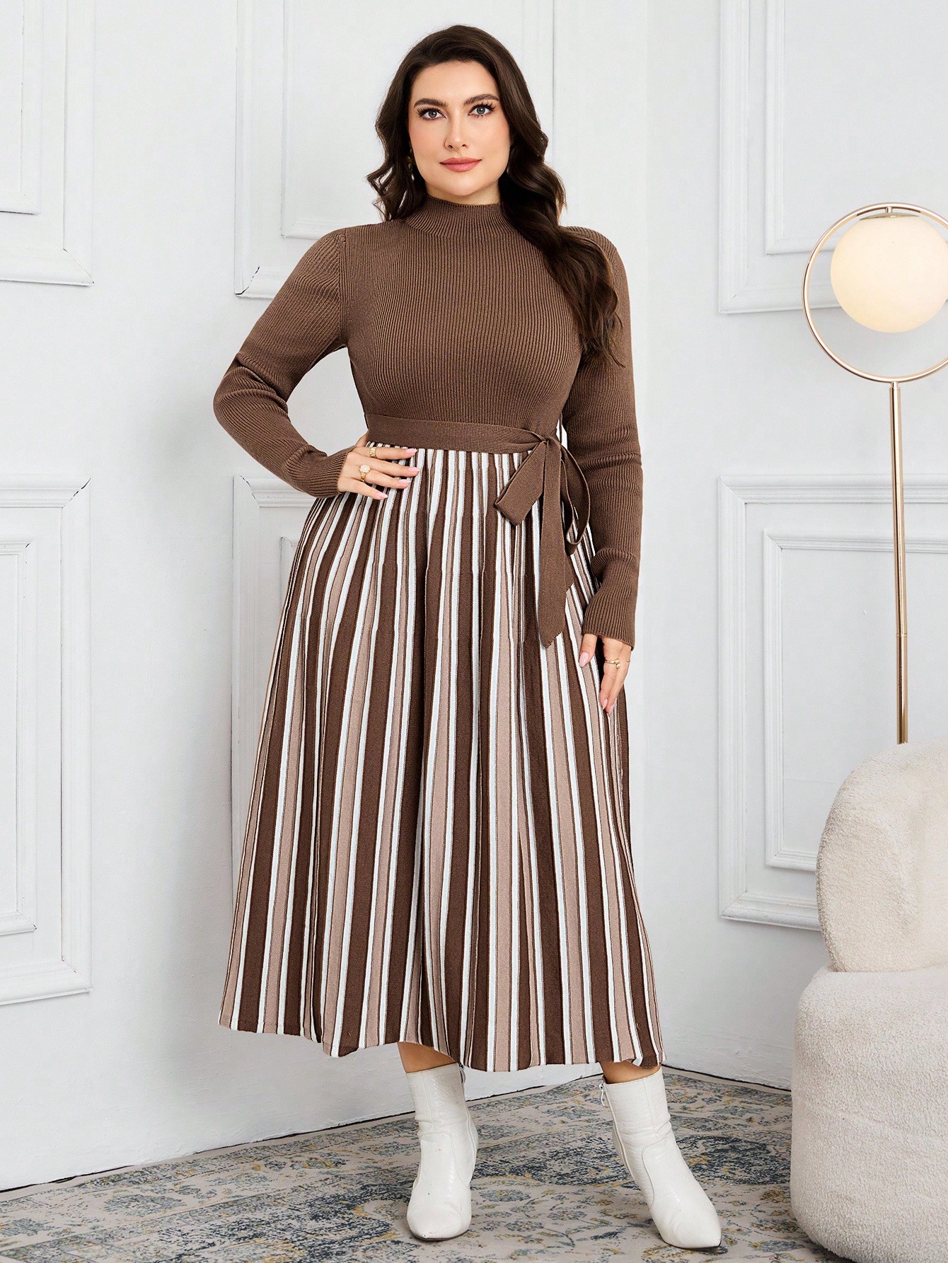 Modelyn فستان محبوك ملون وأنيق للمقاسات الكبيرة، خ...