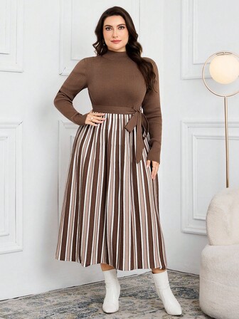 Modelyn Vestido de punto de talla grande con bloques de color y rayas, otoño/invierno