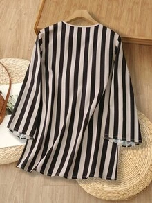 Rusticease 女士撞色蕾丝条纹V领宽松时尚衬衫，女士秋冬上衣，休闲女士感恩节上衣 - 彩色 - 查看 2