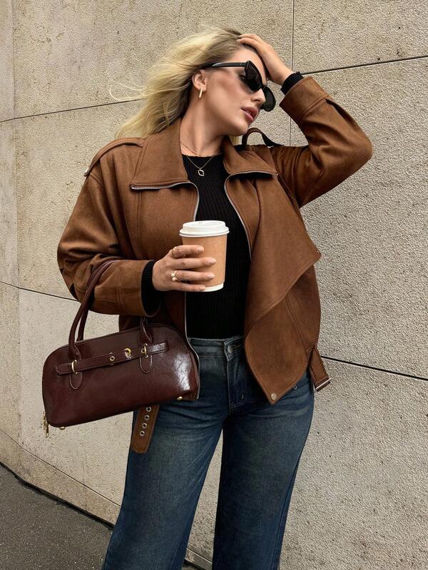 Auralis Plus Size Autumn Fall Clothing Winter Women's Simple Fashion, Elegant Commuting, Old Money Style, Office Business Casual Solid Color Suede Fabric Long Sleeve Front Zipper Casual Jacket With Pocket Jacket, Maillard Color Dark Brown Jacket,