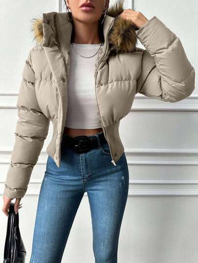 EURMUSE Women Hooded Cotton Padded Coat With Fur Collar, Winter