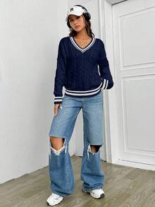 Women's Striped V-Neck Dropped Shoulder Long Sleeve Cable Pattern Regular Sweater, Autumn,Jumper,Cream Jumper,Jumpers,Christmas Jumper,White Jumper,Black Jumper,Ladies Jumper,Women's Jumpers