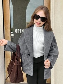 SHEIN 少女款纯色深灰色优雅大衣，适合秋冬季节，休闲日常穿着，长袖，返校季，秋冬季，母女装，时尚秋季外套，母女装，秋冬灰色女童外套 - 深灰色 - 查看 4