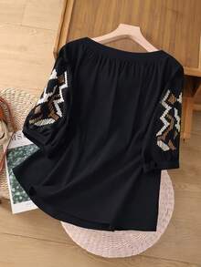 SHEIN Franclia 复古刺绣半袖圆领休闲衬衫 - 黑色 - 查看 2