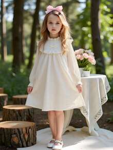 SHEIN Vintaside Kids Váy dài tay thêu họa tiết mộc mạc cho bé gái, màu mơ, đa năng cho trường học, đi chơi và nhiều dịp khác nhau - Màu be - Xem 3