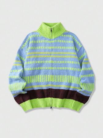 Prep Cárdigan casual de hombre con bloques de color y rayas jacquard, otoño/invierno