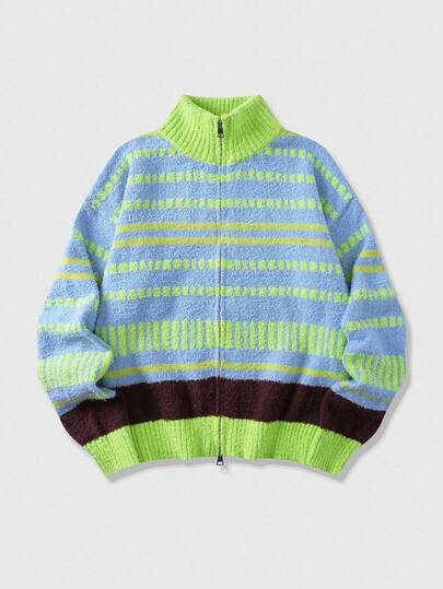 Prep Men's KPOP Casual Colorblock Striped Jacquard Cardigan, Autumn/Winter