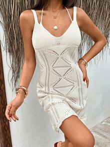 EURMUSE Woman Straps Hollow Out Mini Cover Up Dress Knitwear - Beige - View 8