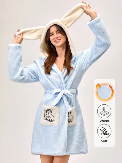 Loomlin Tecknad broderi 3D örondesign huvad flanellmantel med bälte