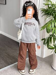 2 件套青少年女孩休闲运动服，宽松长袖连帽运动衫 + 宽松工装裤套装，秋冬日常运动装 - 彩色 - 查看 5