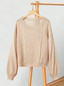 Uhlyne Women's Minimalist Date Night Casual Elegant Outerwear Top, Asymmetrical Shoulder Argyle Jacquard Long Lantern Sleeve Knit Sweater, Autumn/Winter Knit Pullover Fall - Khaki - View 1