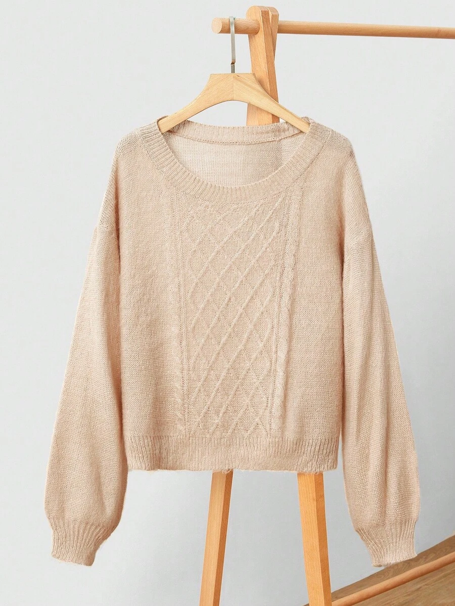 Uhlyne Women's Minimalist Date Night Casual Elegant Outerwear Top, Asymmetrical Shoulder Argyle Jacquard Long Lantern Sleeve Knit Sweater, Autumn/Winter Knit Pullover Fall - Khaki - View 1