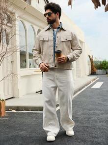 DAZY 秋冬PU面料图案纽扣卡其色男士夹克和外套 - 卡其色 - 查看 6