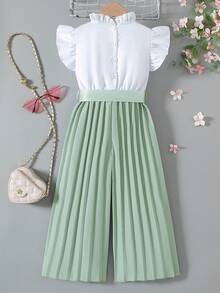 SHEIN Elladie kids Young Girl Summer Fashionable & Elegant Set, Cap Sleeve Top And Wide Leg Palazzo Pants Summer Holiday - Green - View 2