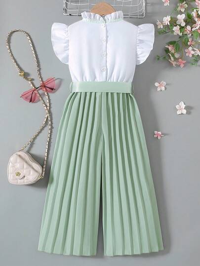 SHEIN Elladie kids Kleine Mädchen Elegantes Sommerset, Oberteil mit Flügelärmeln und Palazzo-Hose mit weitem Bein
