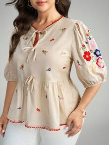 Comfylo 大码女士休闲花卉刺绣衬衫，适合度假外出穿着，秋季女装 - 黃色 - 查看 7