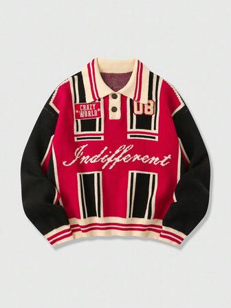 Prep Men's Contrast Color Jacquard Knit Casual Pullover Sweater, Fall Winter