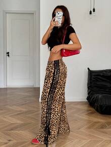 SHEIN EZwear 大码女式豹纹侧条纹宽松休闲裤，秋冬 - 彩色 - 查看 3
