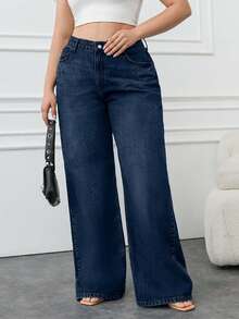 Jeans casual a gamba dritta e ampia in 100% cotone, taglia comoda per donna, colore blu