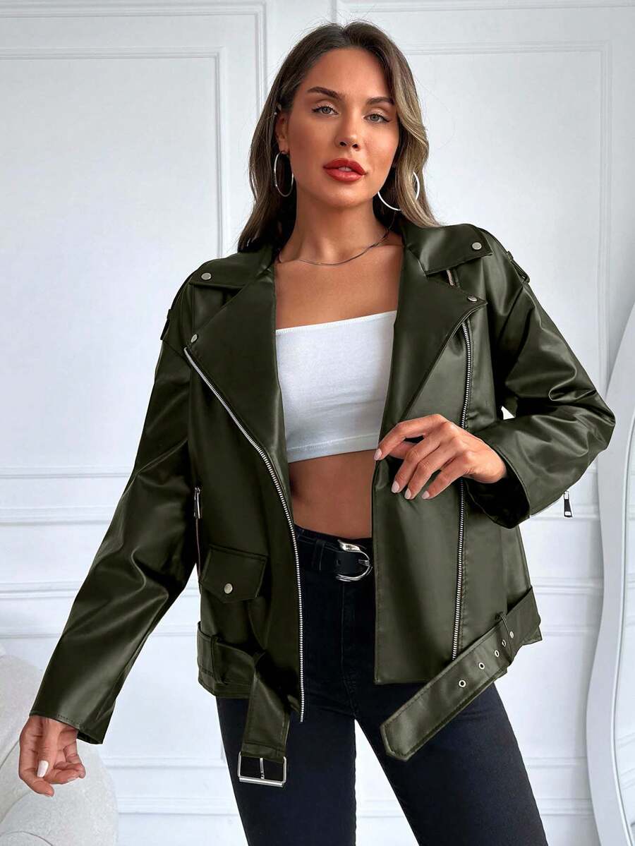 EURMUSE Women's Fashionable Solid Color Jacket With Belt, Autumn - Army Green - View 1
